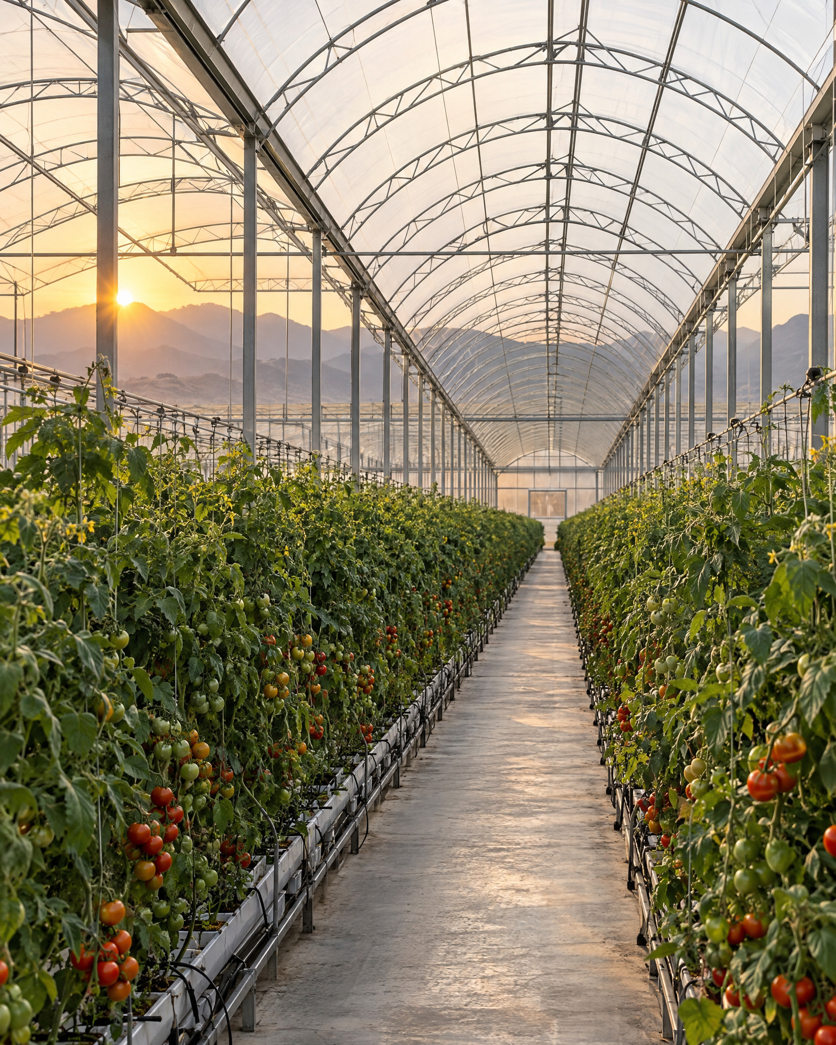 Illustrative concept image of a greenhouse aisle with tomato rows at sunrise