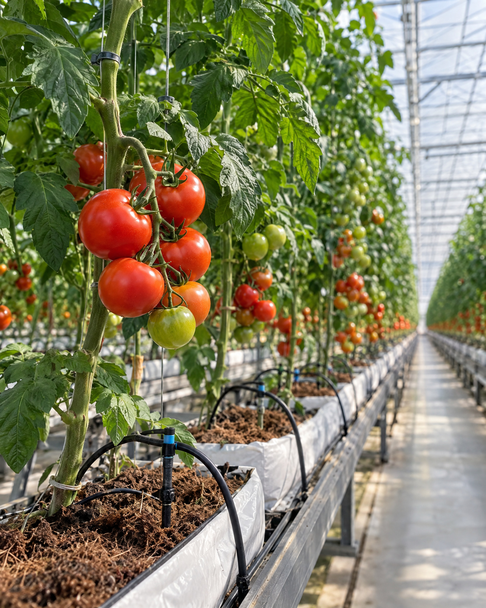 Concept image of tomatoes and drip irrigation in a greenhouse