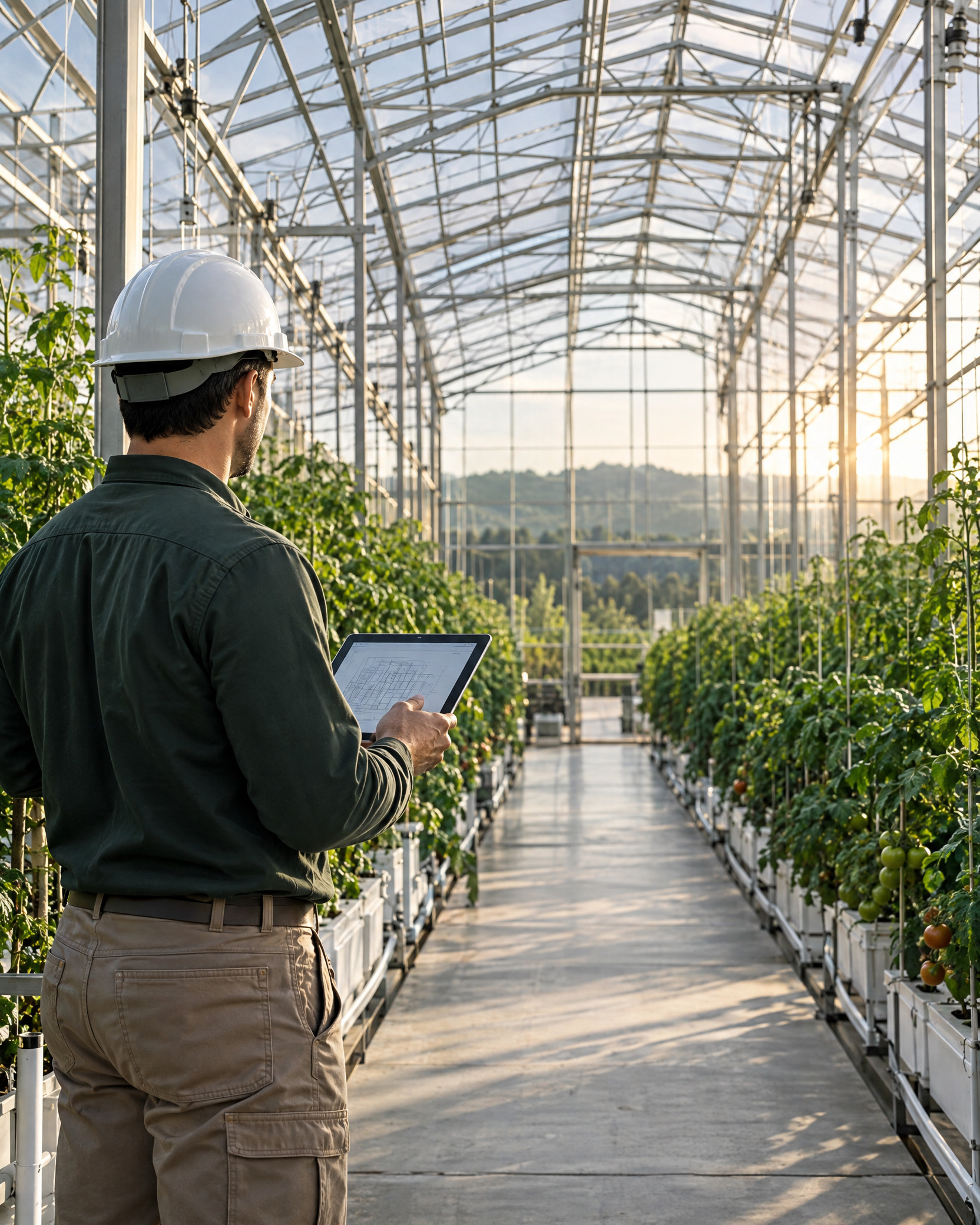 Concept image of an engineer reviewing a greenhouse plan